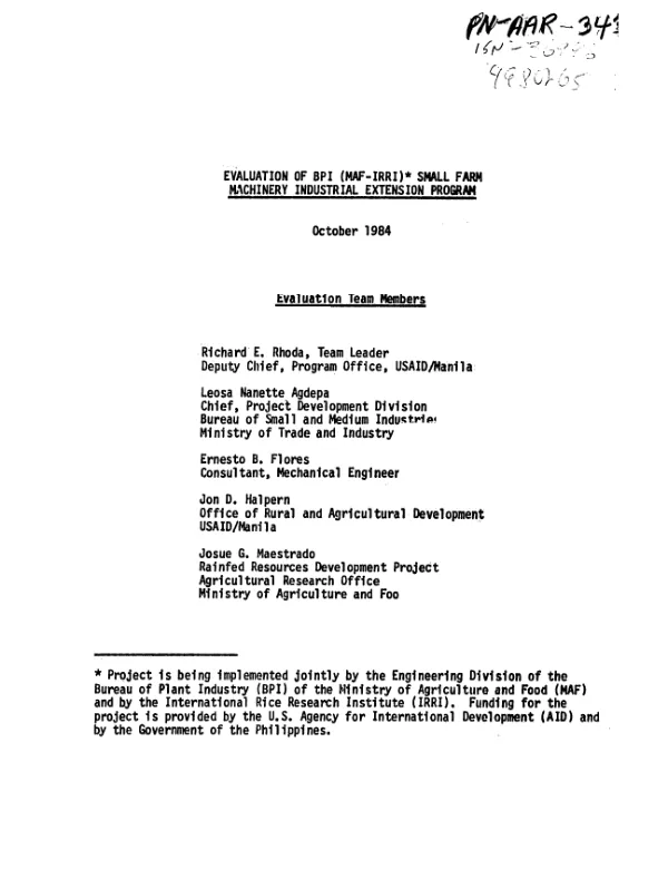 Evaluation of BPI (MAF - IRRI) small farm machinery industrial extension program