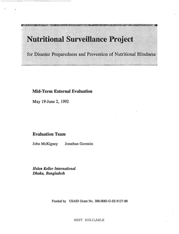 Nutritional surveillance project for disaster preparedness and prevention of nutritional blindness : mid-term external evaluation
