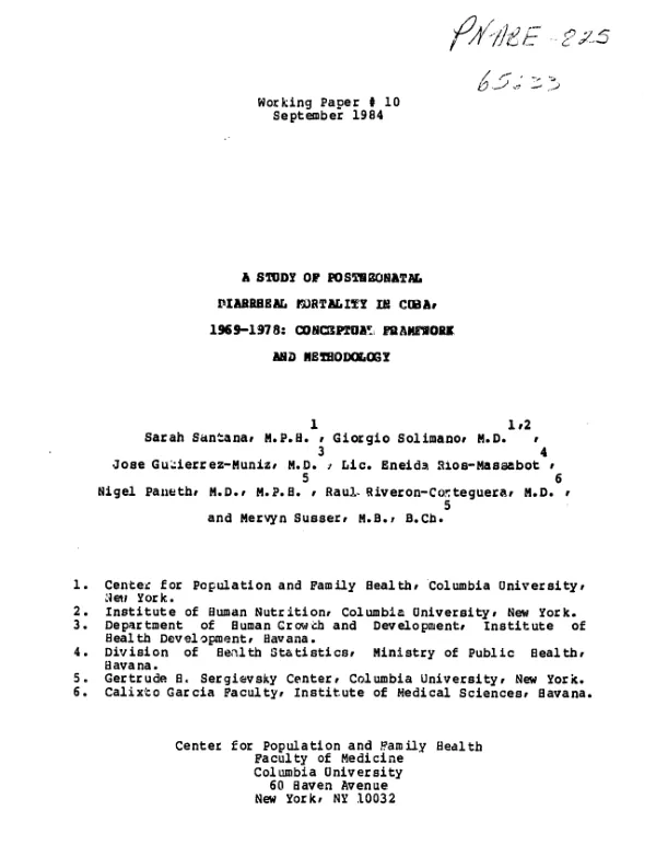 Study of postneonatal diarrheal mortality in Cuba, 1969-1978 : conceptual framework and methodology