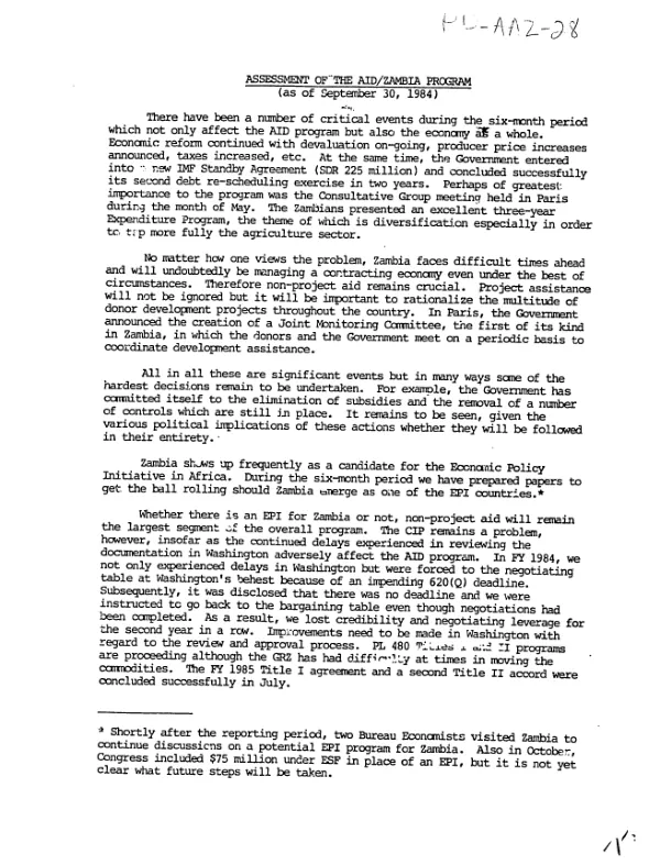 Assessment of the AID/Zambia program (as of September 30, 1984)