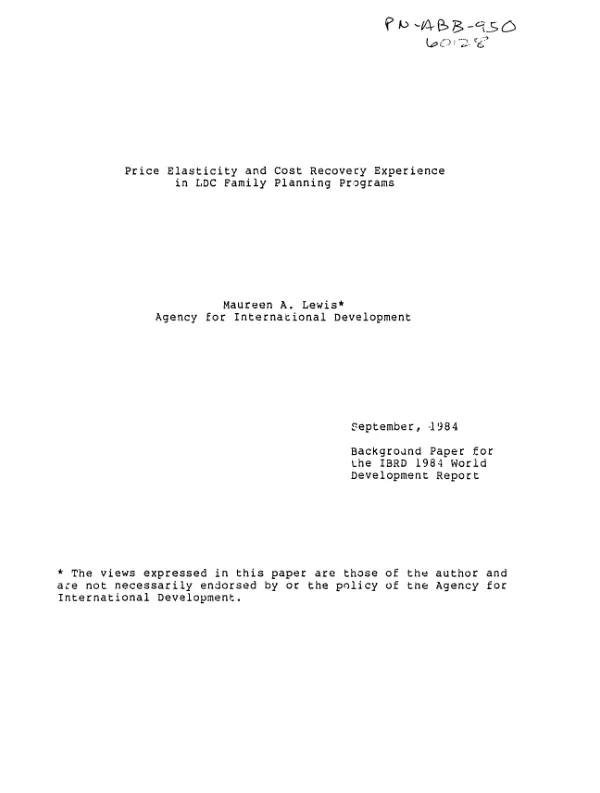 Price elasticity and cost recovery experience in LDC family planning programs