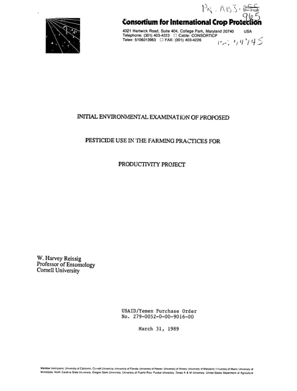 Initial environmental examination of proposed pesticide use in the farming practices for productivity project