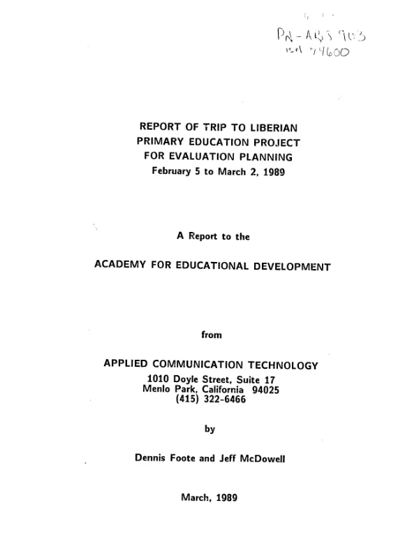 Report of trip to Liberian primary education project for evaluation planning : February 5 to March 2, 1989