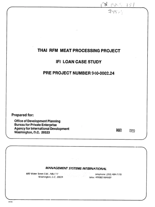 Thai RFM meat processing project : IFI loan case study -- PRE project number 940-0002.24