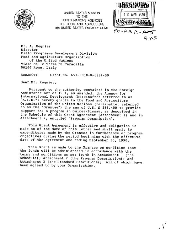 AID grant no. 657-0010-G-8994-00 to the Food and Agriculture Organization of the United Nations to provide support for the mangrove rehabilitation for rice production program of Guinea-Bissau