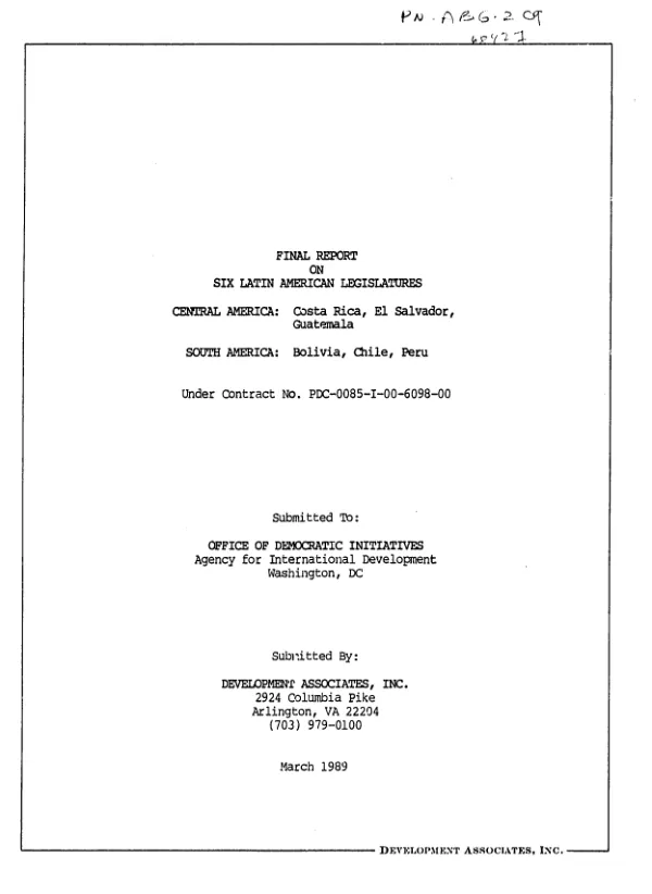 Final report on six Latin American legislatures -- Central America : Costa Rica, El Salvador, Guatemala; South America : Bolivia, Chile, Peru
