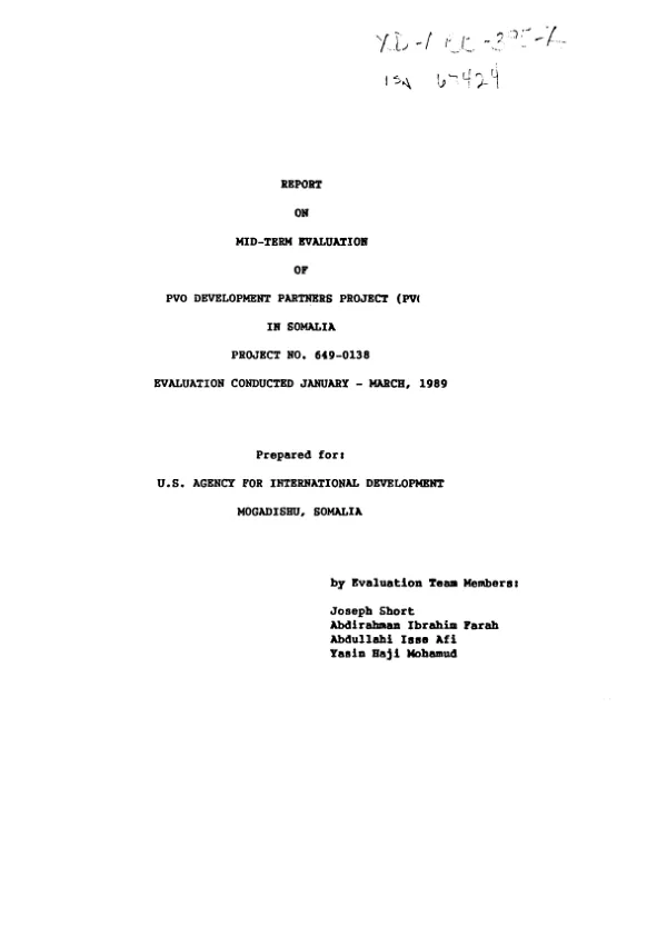Report on mid-term evaluation of PVO development partners project (PVOP) in Somalia : project no. 649-0138, evaluation conducted January-March, 1989