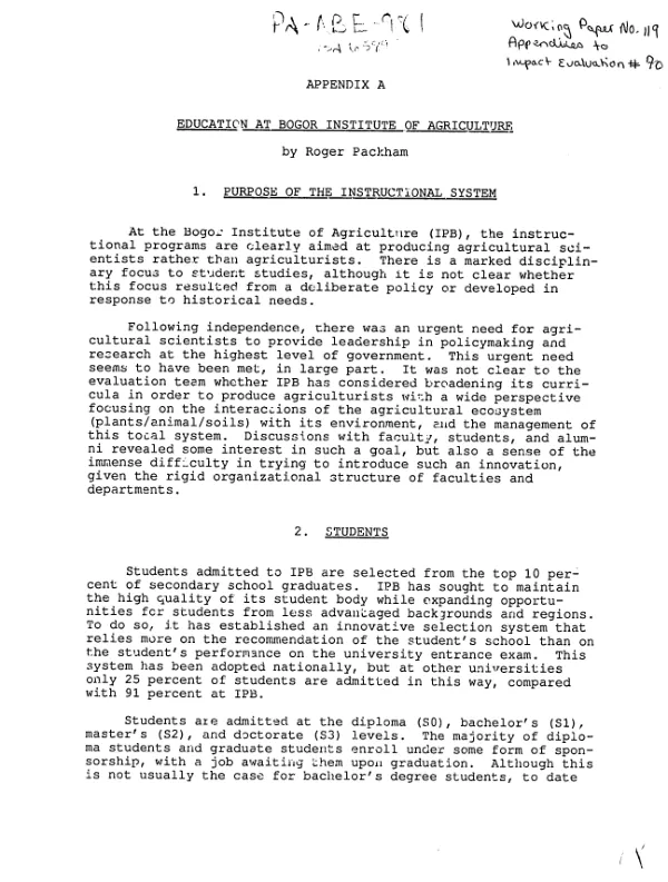 Appendices to AID project impact evaluation report no. 70 -- Indonesia : Bogor Institute of Agriculture