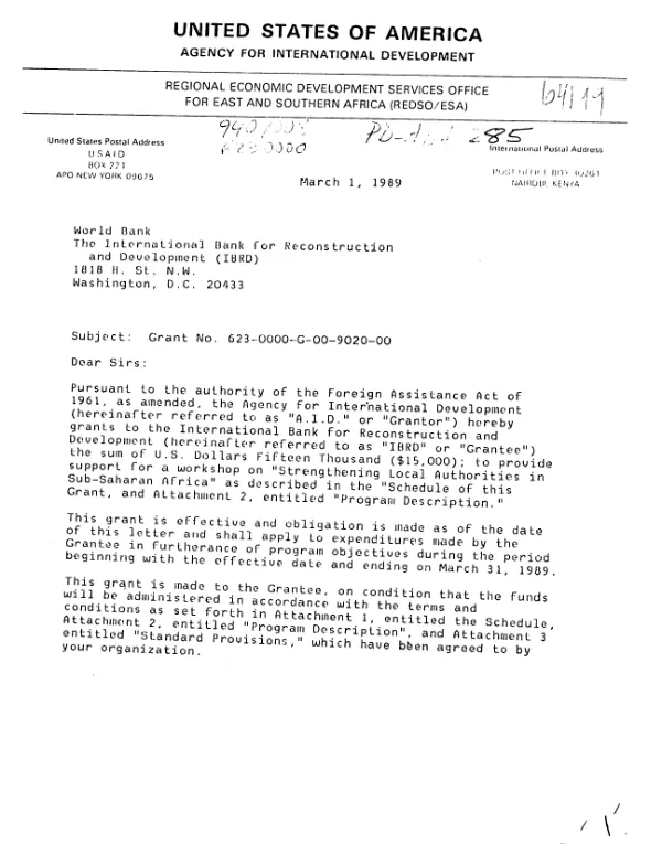 AID grant no. 623-0000-G-00-9020-00 to the World Bank for a workshop for sub-Saharan African local authorities