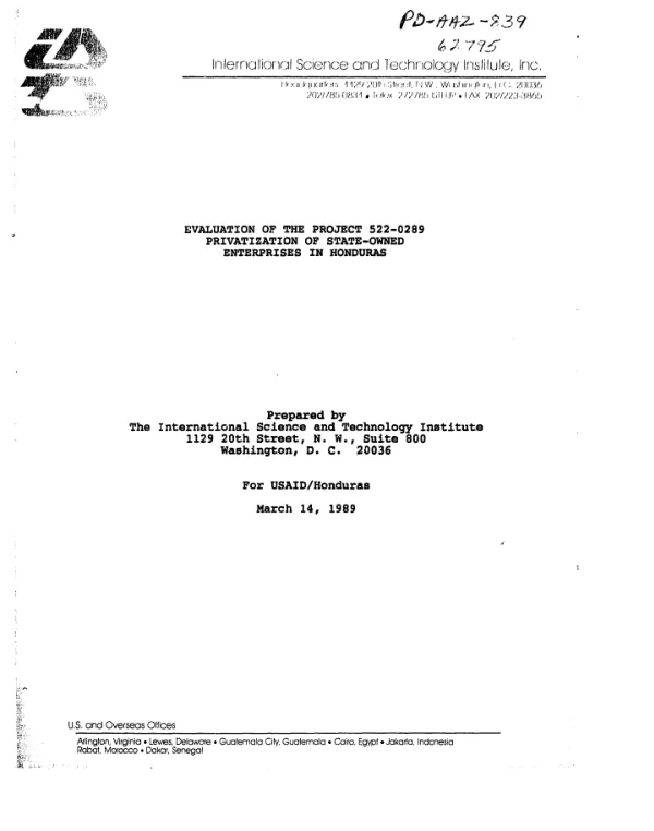 Evaluation of the project 522-0289, privatization of state-owned enterprises in Honduras