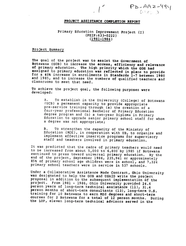 Project assistance completion report : primary education improvement project (I), (PEIP -- 633-0222) (1981-1986)