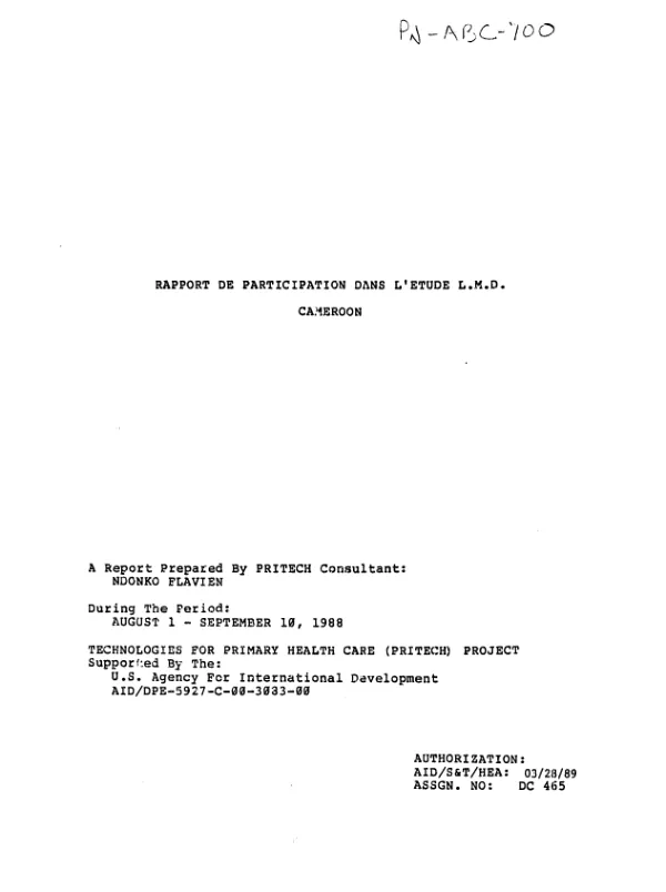 Rapport de participation dans l"etude L.M.D. -- Cameroon