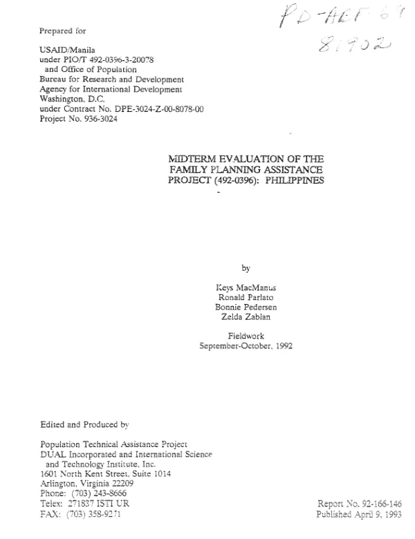 Midterm evaluation of the family planning assistance project (492-0396) : Philippines