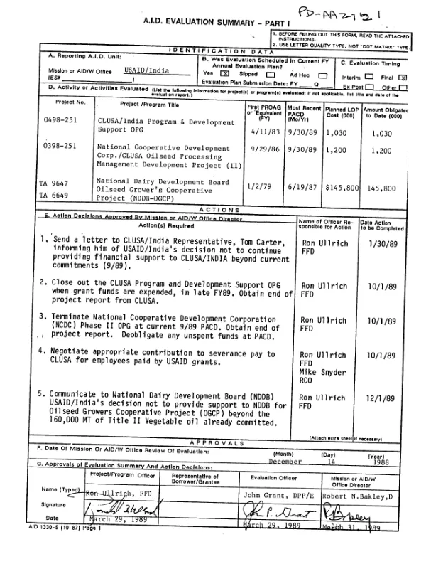 CLUSA/India program and development; National Cooperative Development Corp./CLUSA oilseed processing management development project (II); National Dairy Development Board Oilseed Grower"s Cooperative project (NDDB-OGCP)