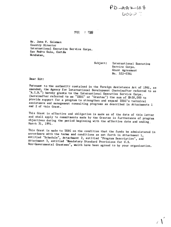 AID grant to the International Executive Service Corps. (IESC) to strengthen and expand IESC"s technical assistance and management consulting programs