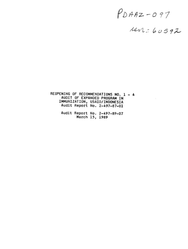 Reopening of recommendations no. 1-4 : audit of expanded program in immunization, USAID/Indonesia audit report no. 2-497-87-01