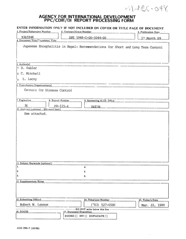 Japanese encephalitis in Nepal : recommendations for short and long term control