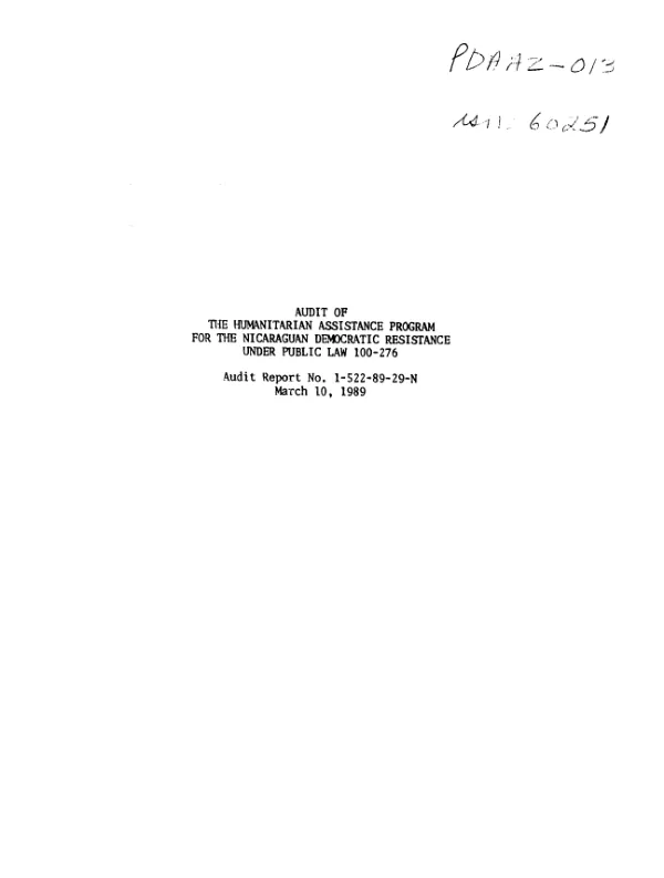 Audit of the humanitarian assistance program for the Nicaraguan Democratic Resistance under Public Law 100-276