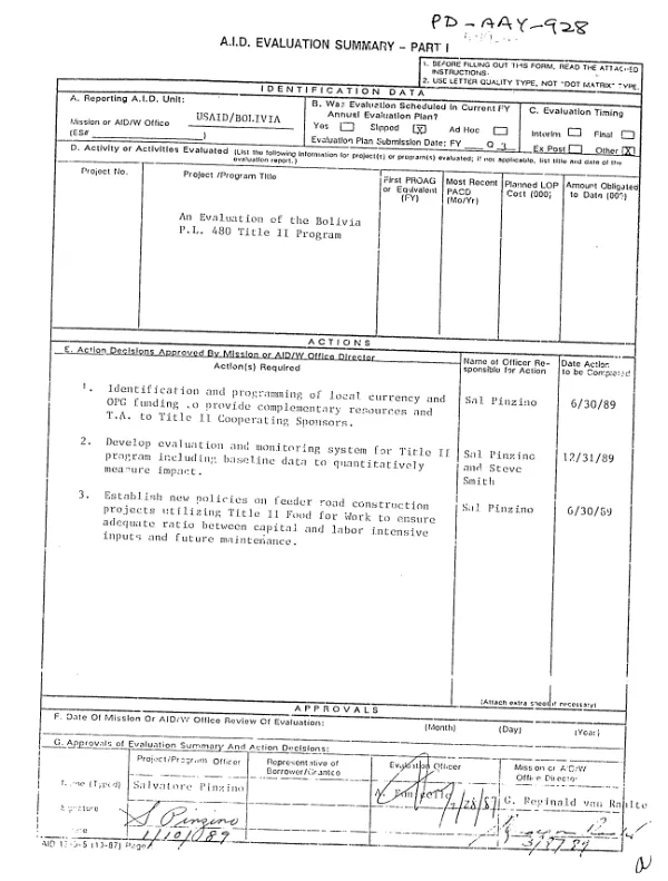 Evaluation of the Bolivia PL-480 Title II program