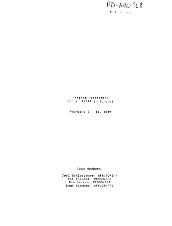 Program assessment for an AEPRP [African economic policy reform program] in Burundi -- February 1-11, 1989