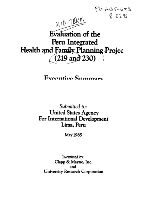 Evaluation of Peru integrated health and family planning projects (219 and 230) : executive summary