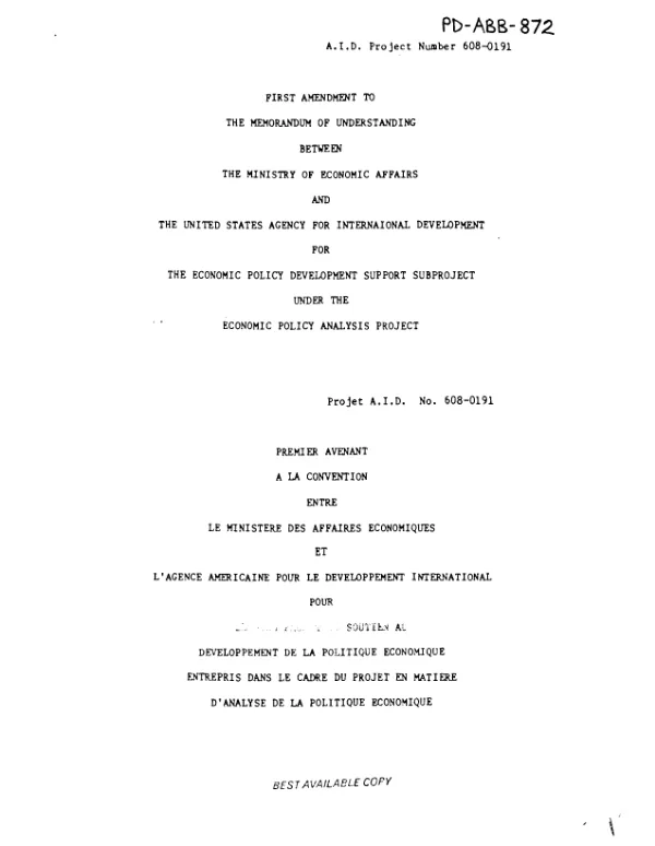 First amendment to the memorandum of understanding between the Ministry of Economic Affairs and the United States Agency for International Development for the economic policy development support subproject under the economic policy analysis project