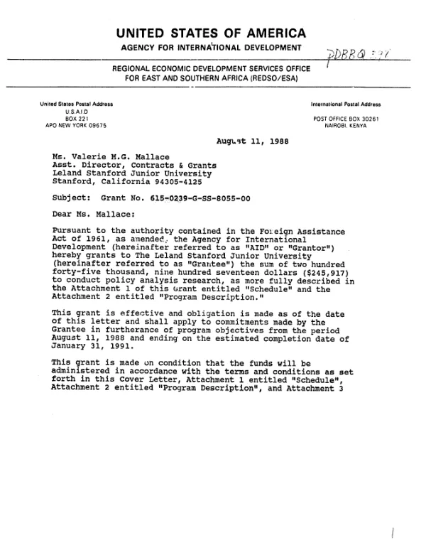 AID grant no. 615-0239-G-SS-8055-00 to Leland Stanford Junior University to conduct policy analysis research