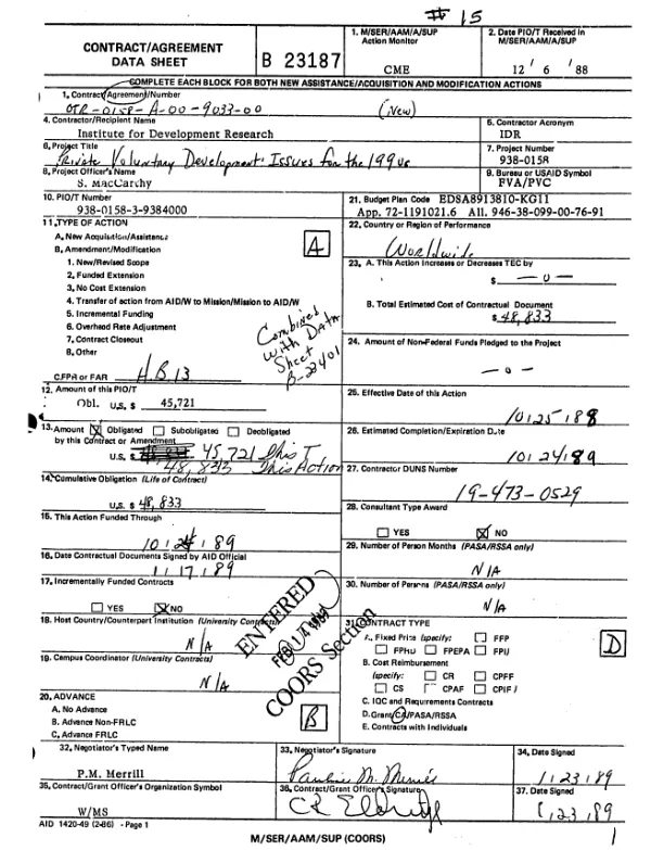 AID cooperative agreement no. OTR-0158-A-00-9033-00 to Institute for Development Research for its program on private voluntary development, issues for the 1990s