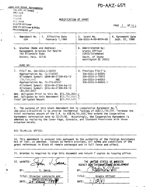 Amendment no. 4 to the cooperative agreement no. 306-0203-A-00-6014-00 between AID and Management Sciences for Health for expanding and strengthening health services inside Afghanistan