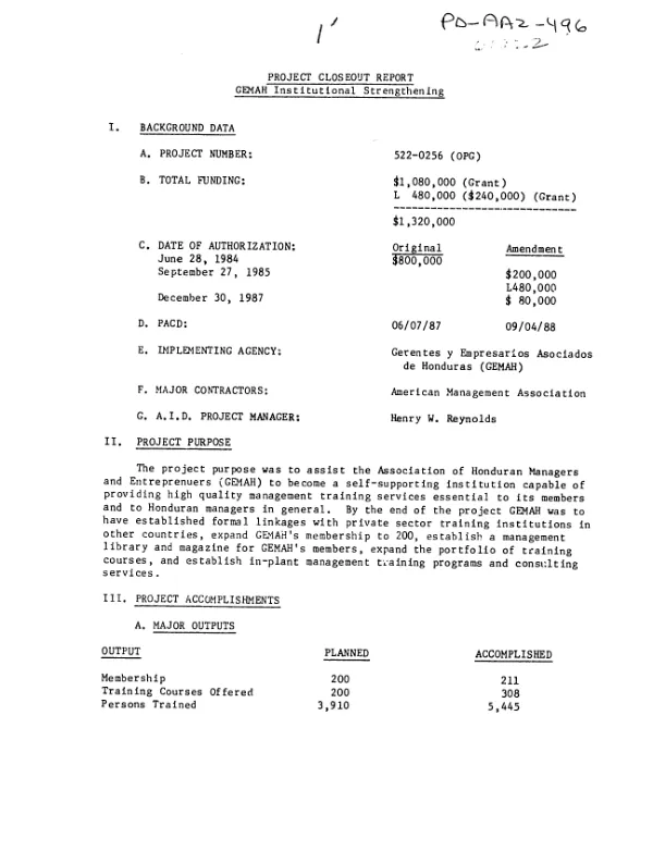 Project closeout report : GEMAH institutional strengthening