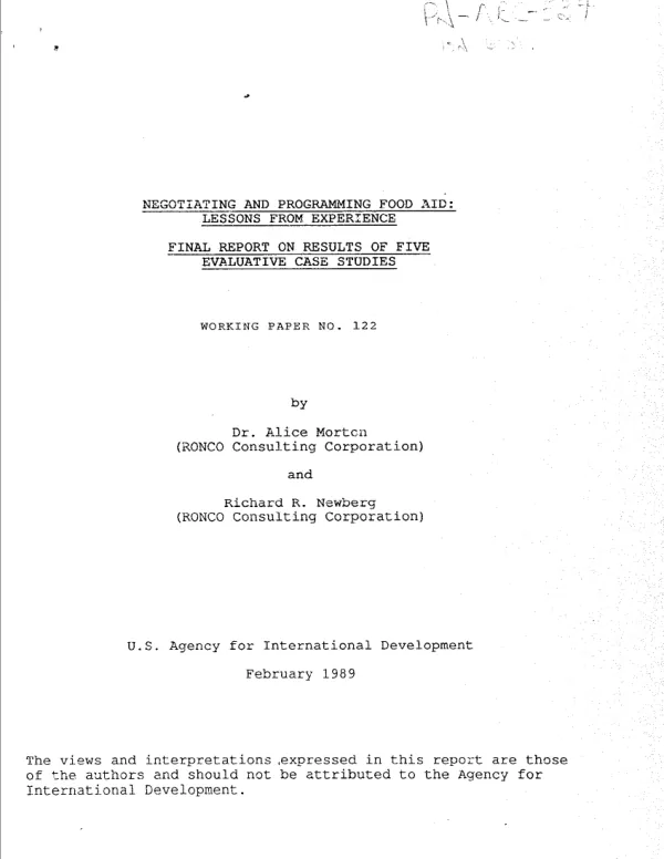 Negotiating and programming food aid : lessons from experience -- final report on results of five evaluative case studies