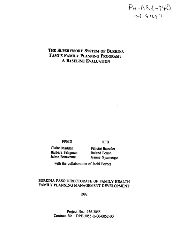 Supervisory system of Burkina Faso's family planning program : a baseline evaluation