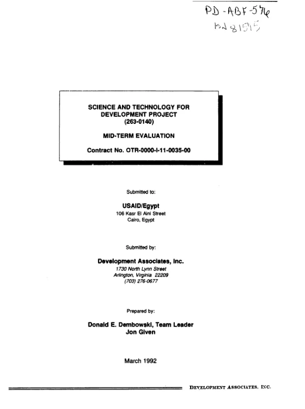 Science and technology for development project (263-0140) : mid-term evaluation -- contract no. OTR-0000-I-11-0035-00