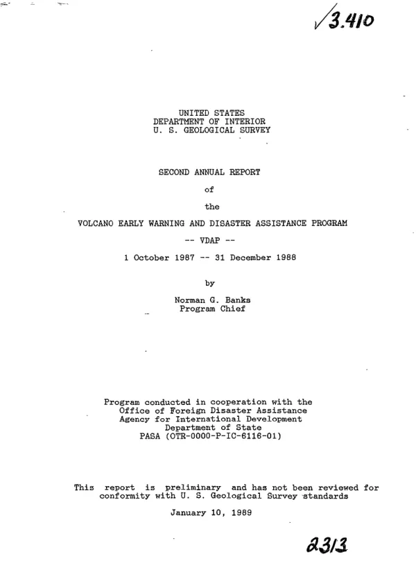 Second annual report of the volcano early warning and disaster assistance program, VDAP, 1 October 1987-31 December 1988