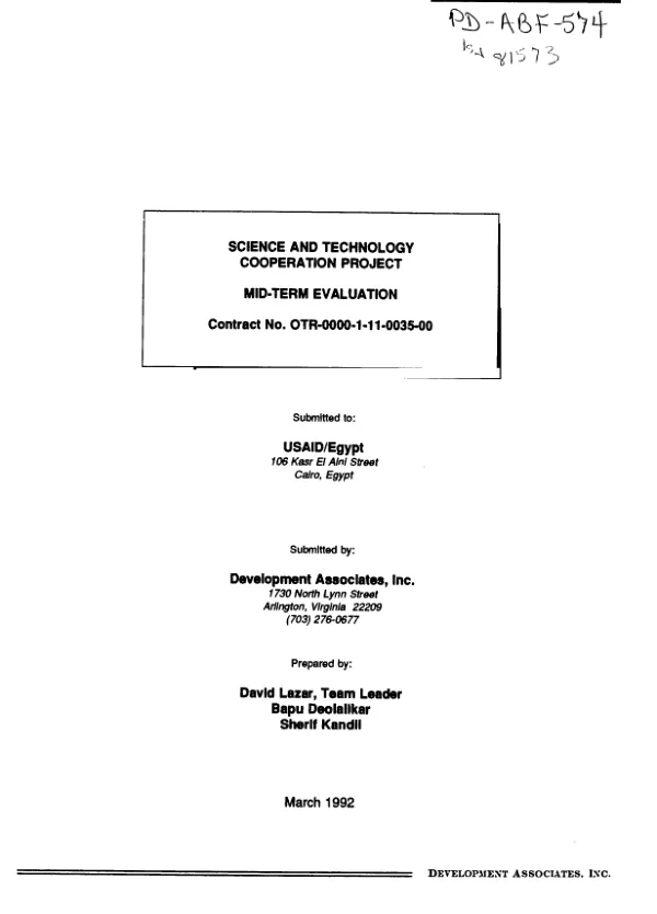 Science and technology cooperation project : mid-term evaluation -- contract no. OTR-0000-I-11-0035-00