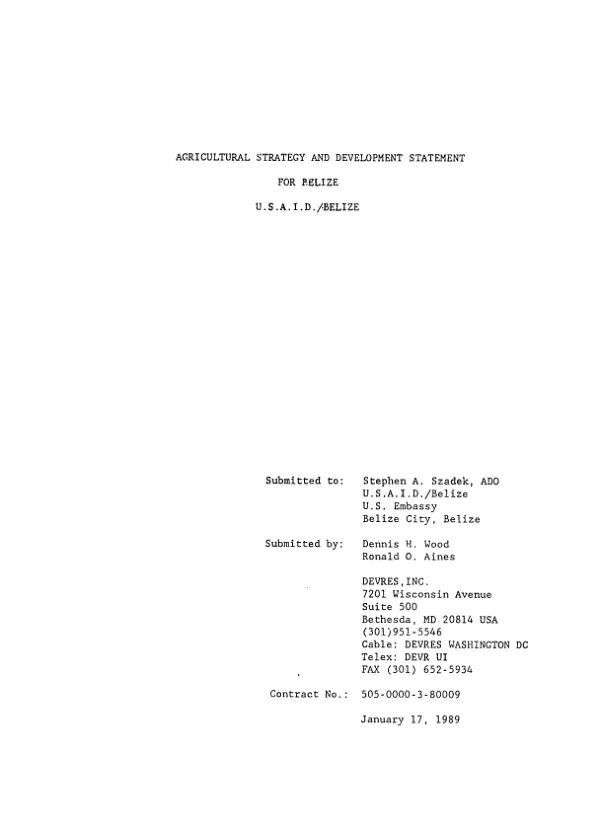 Agricultural strategy and development statement for Belize : USAID/Belize