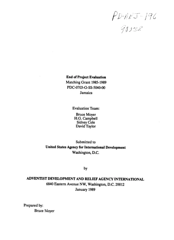 End of project evaluation : matching grant 1985-1989 -- PDC-0703-G-SS-5040-00 : Jamaica