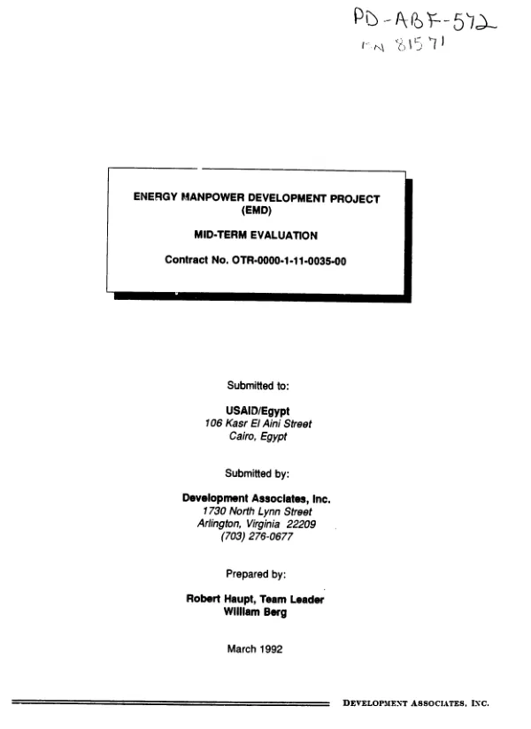 Energy manpower development project (EMD) : mid-term evaluation -- contract no. OTR-0000-I-11-0035-00