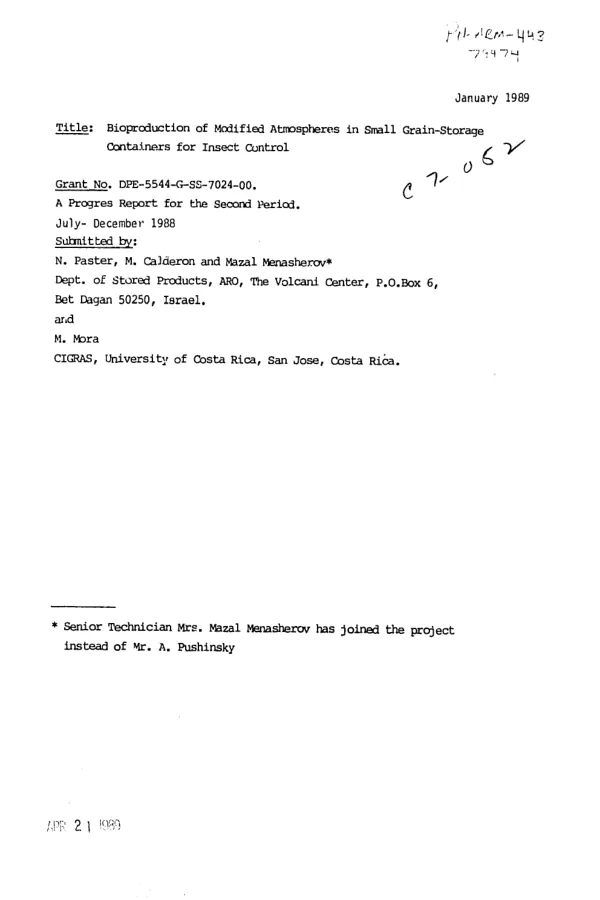 Bioproduction of modified atmospheres in small grain storage containers for insect control : a progress report for the second period - July-December 1988