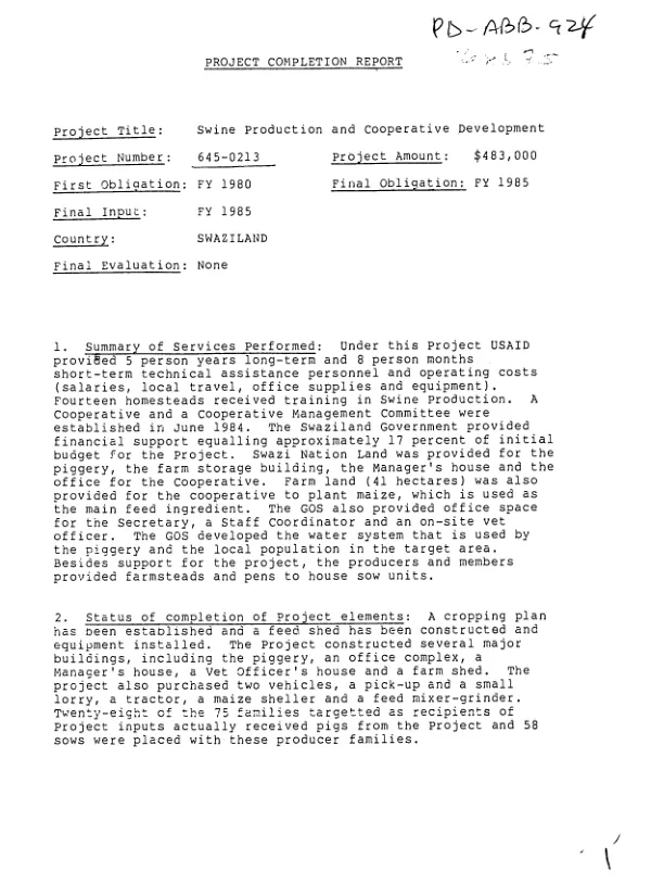 Project completion report [: swine production and cooperative development]