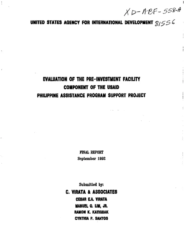 Evaluation of the pre-investment facility component of the USAID Philippine assistance program support project