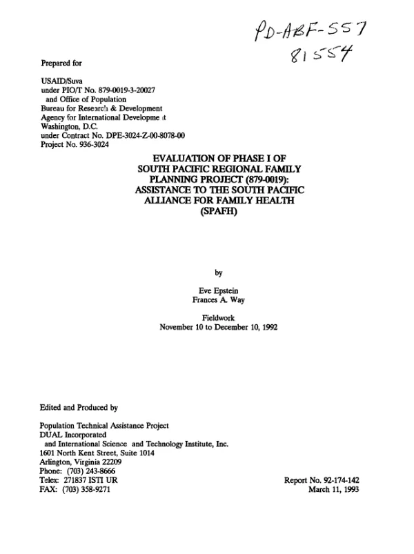 Evaluation of phase I of South Pacific regional family planning project (879-0019) : assistance to the South Pacific Alliance for Family Health (SPAFH)