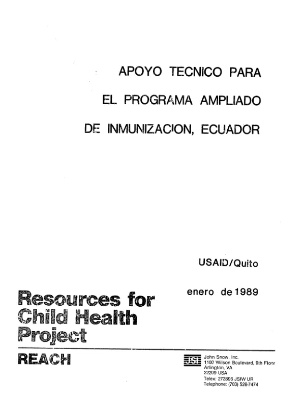 Apoyo tecnico para el programa ampliado de inmunizacion, Ecuador