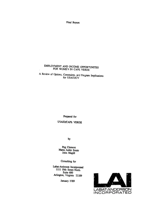 Final report : employment and income opportunites [i.e. opportunities] for women in Cape Verde -- a review of options, constraints, and program implications for USAID/CV