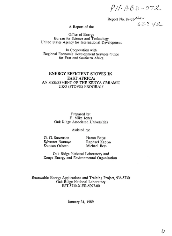 Energy efficient stoves in East Africa : an assessment of the Kenya Ceramic Jiko (stove) program