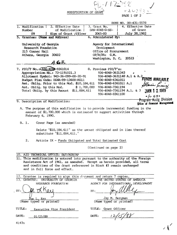 Modification no. 9 to grant no. DAN-4048-G-SS-2065-00 to the University of Georgia Research Foundation