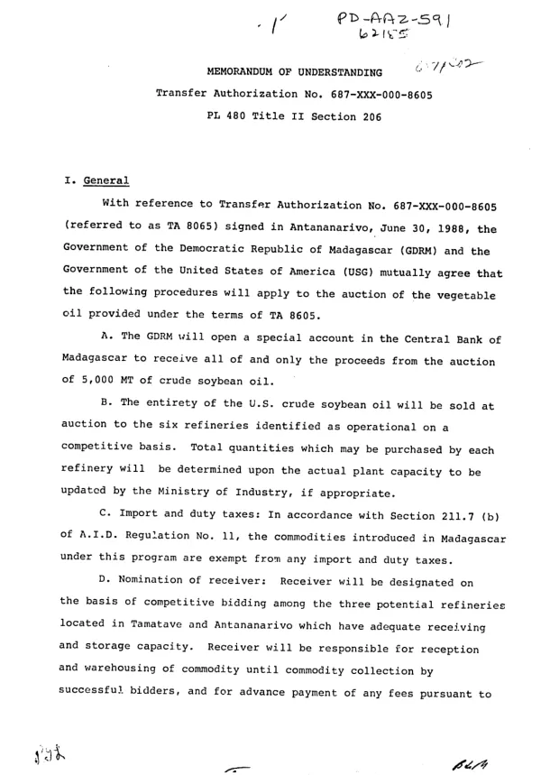 Memorandum of understanding : transfer authorization no. 687-XXX-000-8605, PL-480 Title II section 206