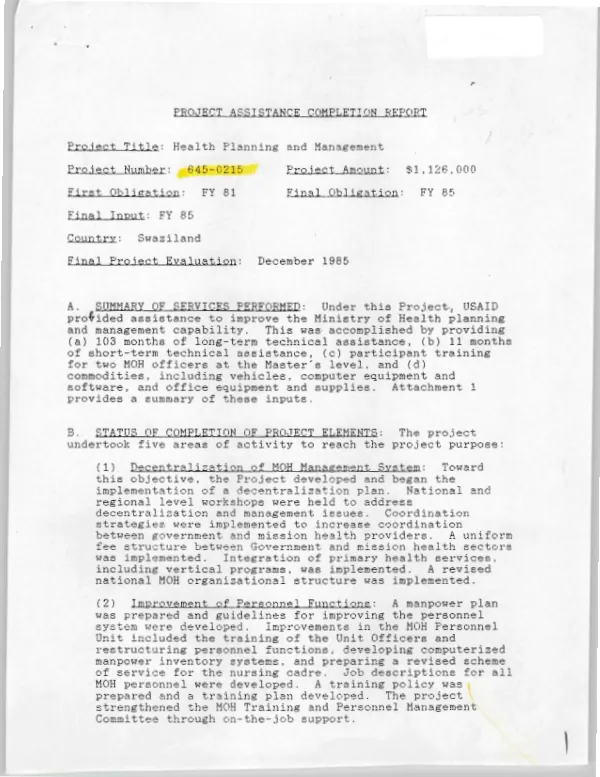 Project assistance completion report [: health planning and management, Swaziland]