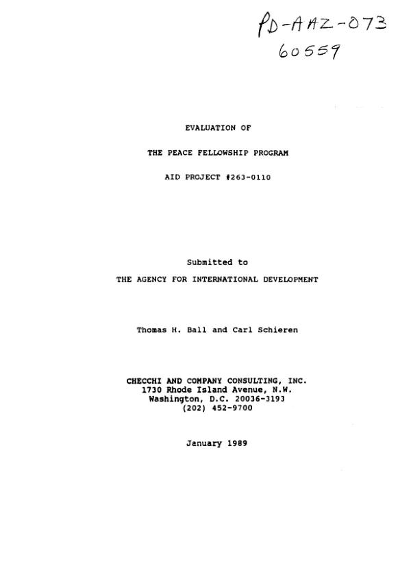Evaluation of the peace fellowship program, AID project no. 263-0110