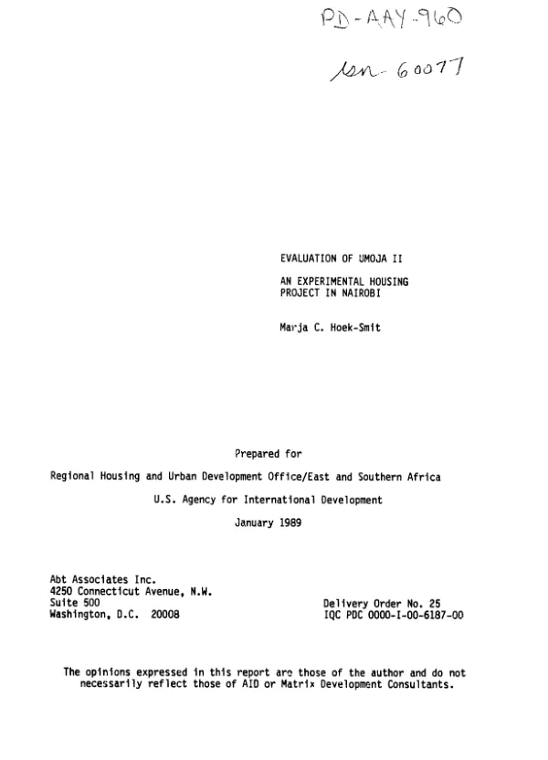 Evaluation of UMOJA II : an experimental housing project in Nairobi